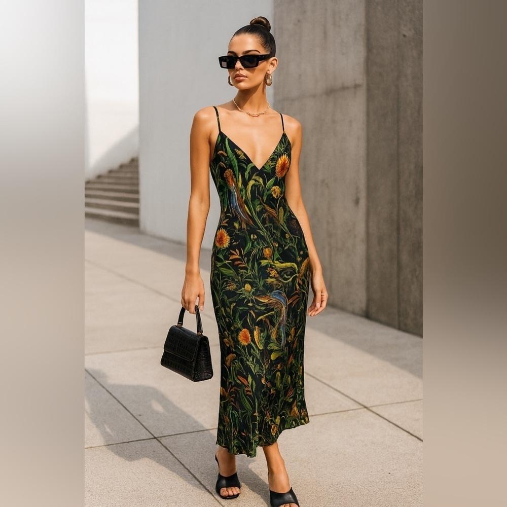 Dodo Bar Or 100% Silk Slip Long Maxi Dress Tropical Peacock Snake Print